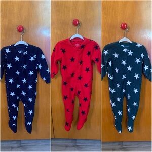 Set of 3 Primary Footie Pajama Size 6-12 Months Red Navy Green with Stars